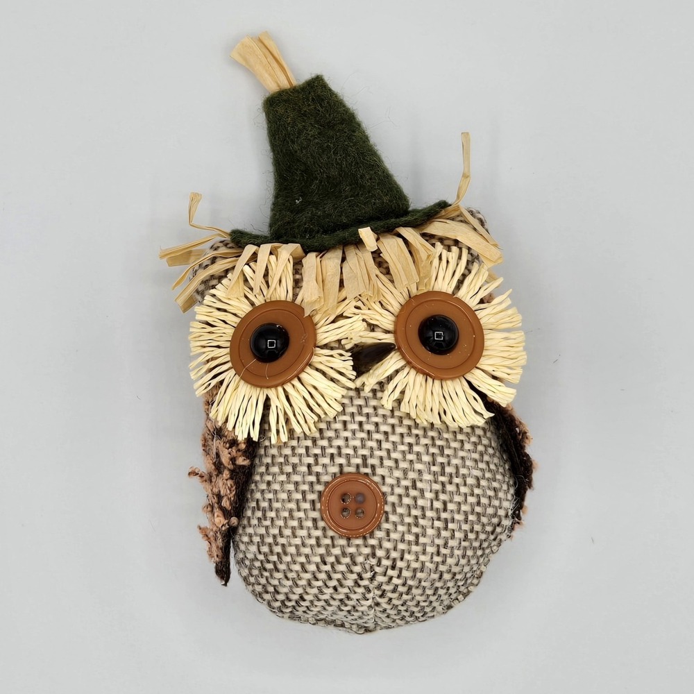 Rustic Burlap Owl Figurine Fall Decor Button Eyes Raffia Trim Green Felt Hat